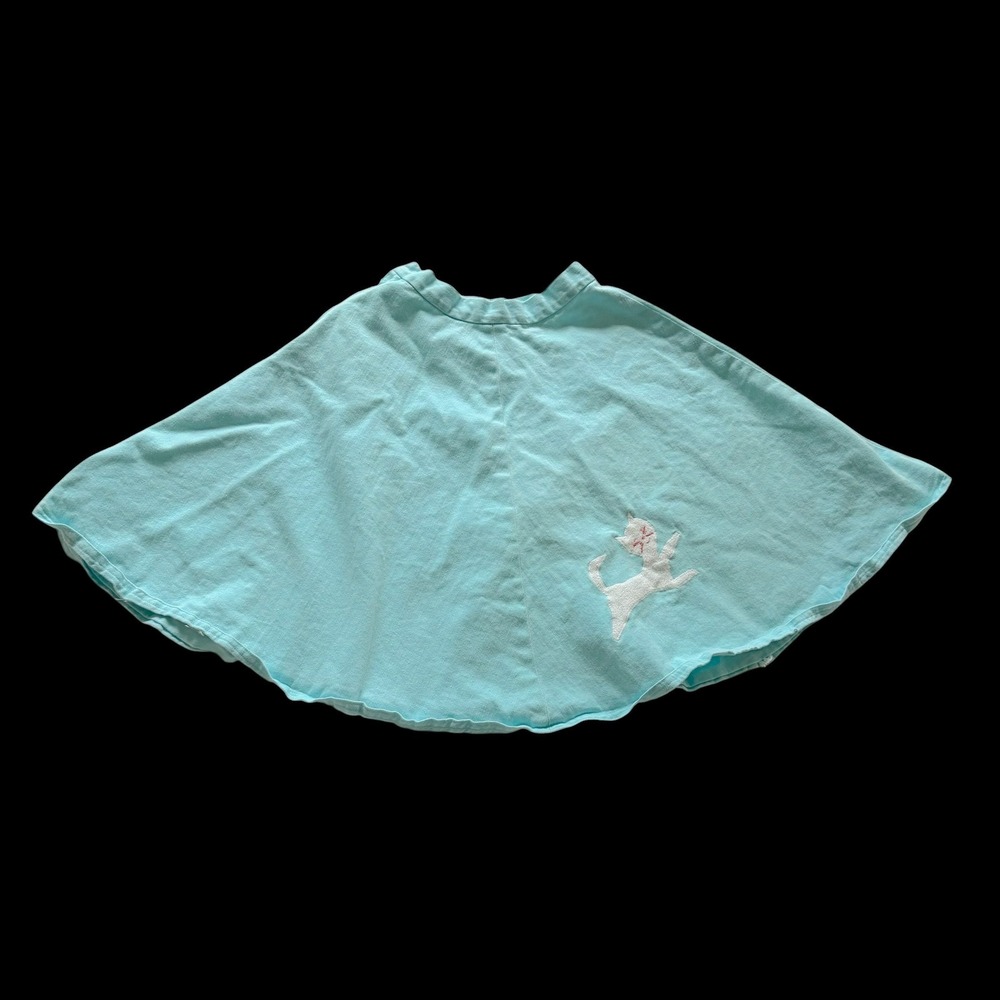 Vintage 70's Aqua Blue Cotton Circle Skirt White Cat Applique Rockabilly Flare